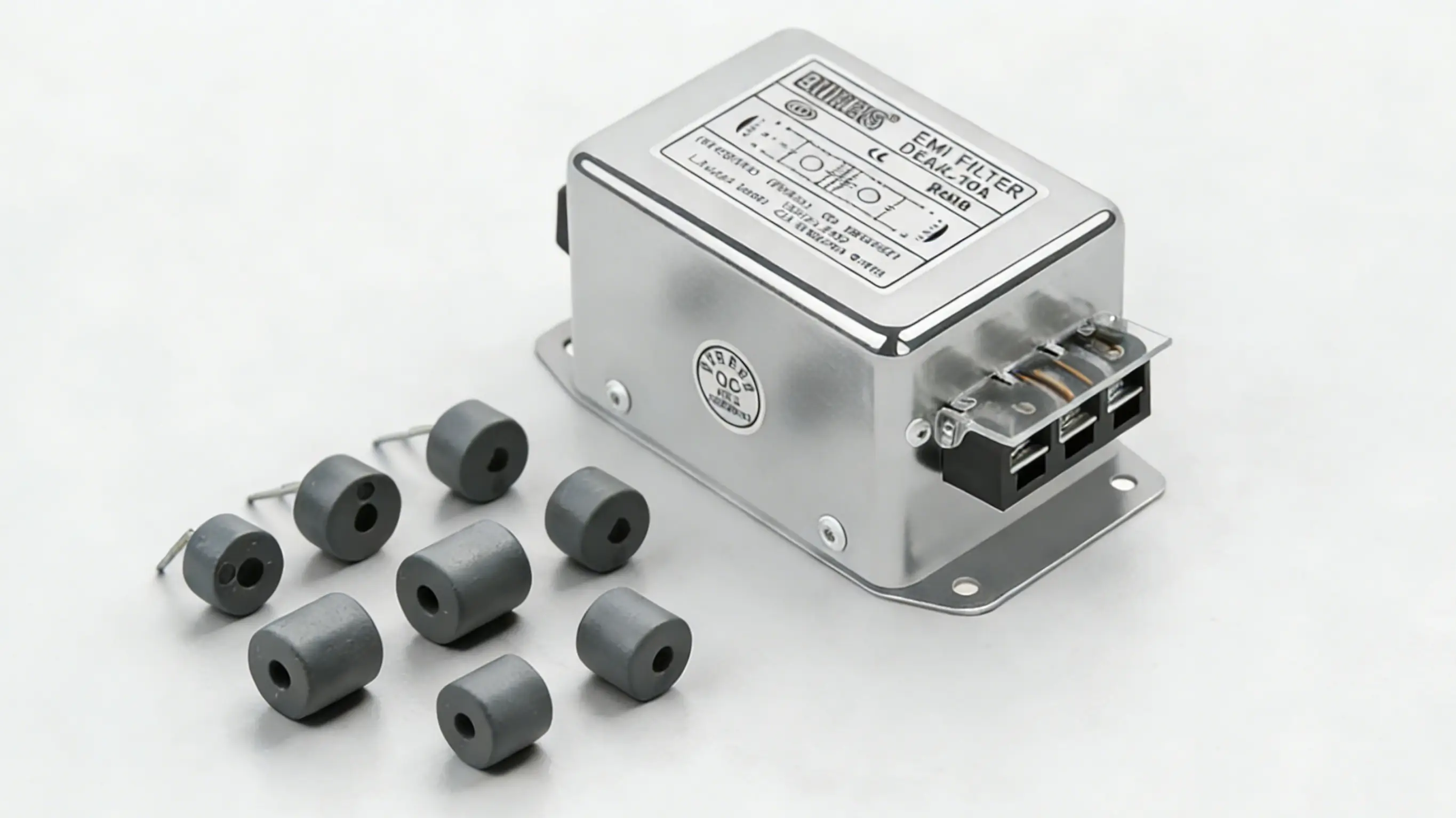 a close-up view of various small electronic components, including cylindrical and rectangular ferrite beads,